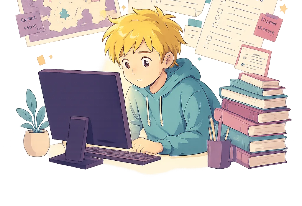 Chico estudiando frente a la computadora, con libros y apuntes alrededor